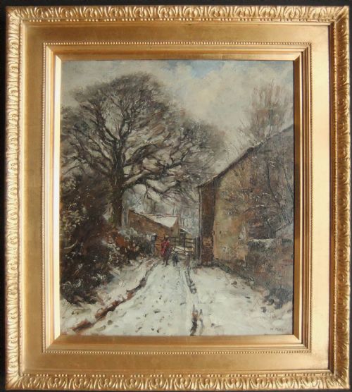 fig 1. An original winter oil painting on canvas depicting a snow-covered lane in Nesfield, Yorkshire, with stone buildings and figures walking beneath bare trees.