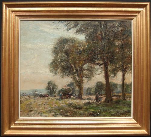 fig 1. An impressionist oil painting depicting farm workers gathering hay under mature trees in an expansive rural landscape.