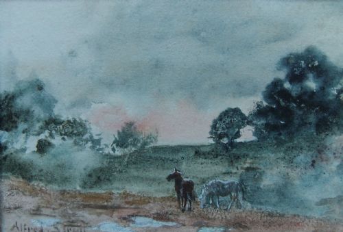 Alfred W. Strutt "Landscape with Ponies" Watercolour