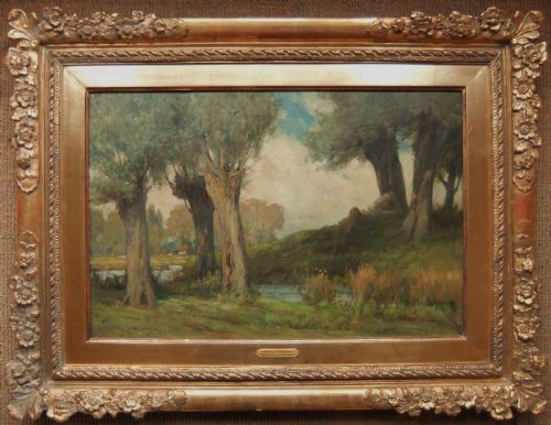 fig 1. An impressionist oil painting depicting mature pollarded trees alongside a quiet stream under a soft cloudy sky.
