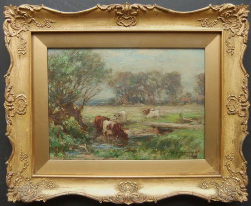 fig 1. An impressionist oil painting depicting cattle drinking from a stream in a grassy Yorkshire pasture surrounded by trees.