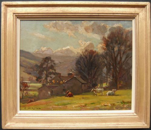 fig 1. An impressionist oil painting depicting stone farm buildings in a Yorkshire Dales landscape with cattle in a foreground field under a cloudy sky.