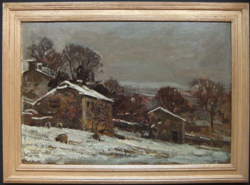 fig 1. An impressionist oil painting depicting a snow-covered Swaledale landscape with stone farm buildings, bare trees, grazing sheep, and a overcast grey sky.