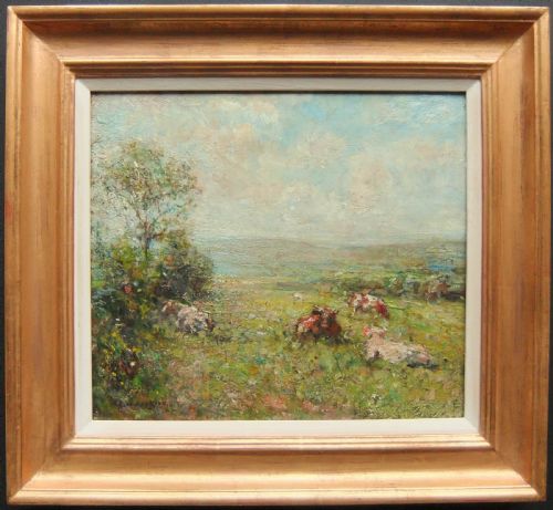 fig 1. An Impressionist oil painting depicting cattle grazing in a grassy rural field under a cloudy grey and blue sky.