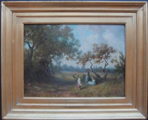 fig 1. An antique oil painting depicting figures relaxing under mature trees in a sunlit green pasture.