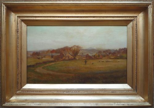 fig 1. An oil painting depicting a rural landscape with a shepherd, sheepdog, and flock of sheep in a field before a collection of farm buildings and distant hills under a pale sky.