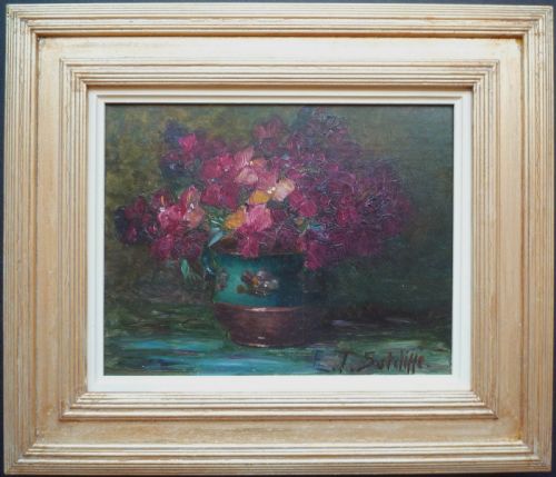 fig 1. An antique oil painting depicting vibrant magenta flowers arranged in a green ceramic jar against a dark background, signed E. T. Sutcliffe.