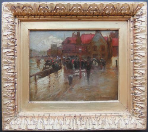 fig 1. An impressionistic oil painting depicting a rainy harbour scene in Whitby with figures carrying umbrellas alongside red-roofed buildings.