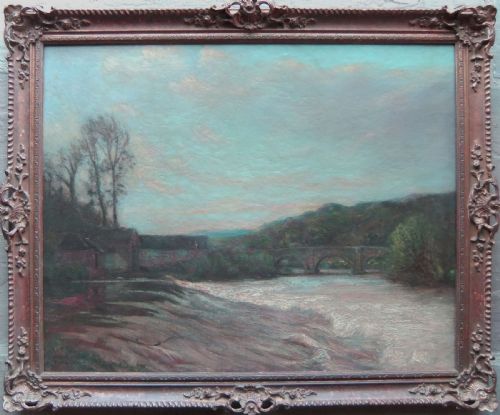 fig 1. An impressionist oil painting depicting a flowing river leading towards a distant stone arch bridge with surrounding hills under a soft sky.