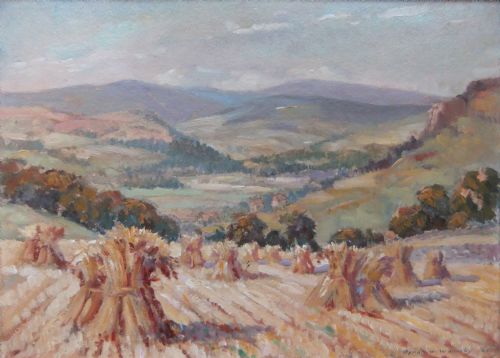 Byron W. Warmby "Corn Stooks, Grindleford, Derbyshire" Oil on Board