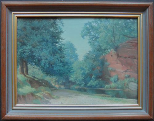 fig 1. An oil painting depicting a river flowing past tall green trees and a red sandstone cliff face in Cumberland.