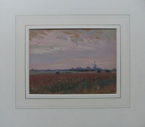 fig 1. A watercolour landscape painting by John D. Walker depicting a field in Middelburg, Holland, featuring figures, a windmill, and a dusty pink sky.