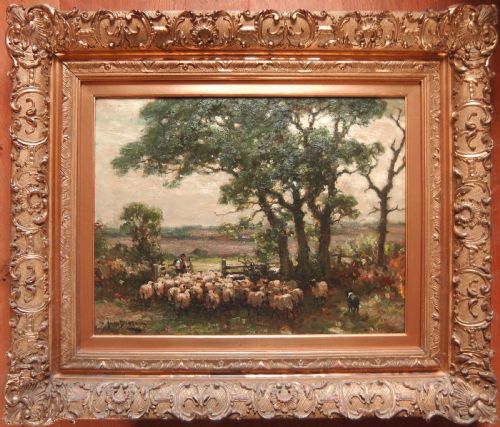 fig 1. An oil painting depicting a shepherd driving a flock of sheep through a wooden field gate under tall trees.