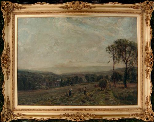 fig 1. An oil painting depicting agricultural labourers harvesting hay in a field with trees and Bolton Abbey visible in the background under an expansive sky.