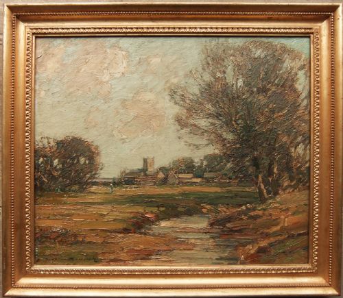 fig 1. An impressionist landscape oil painting depicting a stream in the foreground with trees and a village church spire in the background under a cloudy sky.