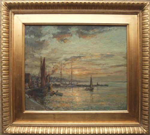 fig 1. An impressionist marine oil painting depicting several sailing ships moored in a harbour at sunset with warm light reflecting on the water.