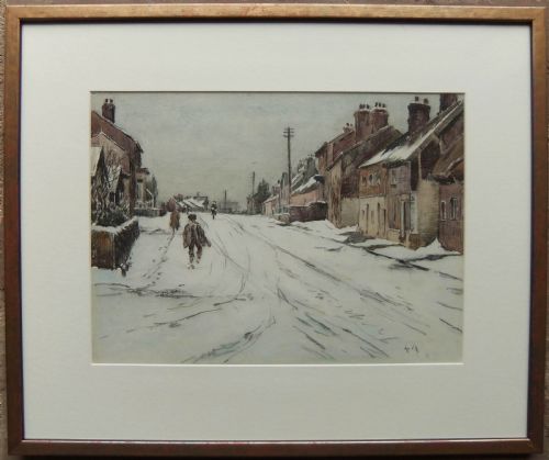 fig 1. An antique watercolour painting depicting a snow-covered village street with pedestrians and traditional brick buildings under a grey sky.