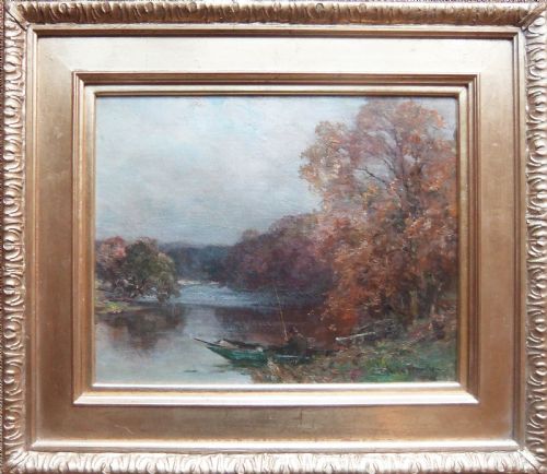 fig 1. An impressionist oil painting depicting a angler in a small green boat on a river surrounded by trees with rust-brown foliage under an overcast sky.