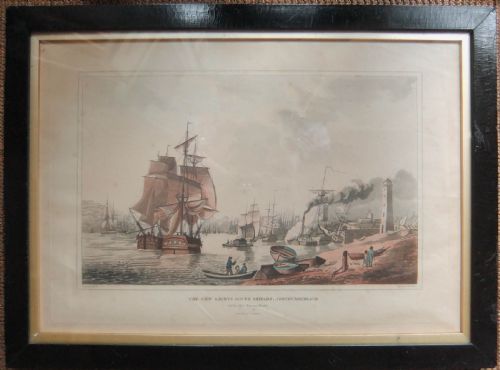 fig 1. A set of six framed nineteenth-century aquatint prints depicting British coastal, harbour, and maritime shipping scenes arranged in two rows of three.