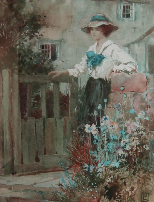 PERCY LANCASTER THE COTTAGE GATE WATERCOLOUR