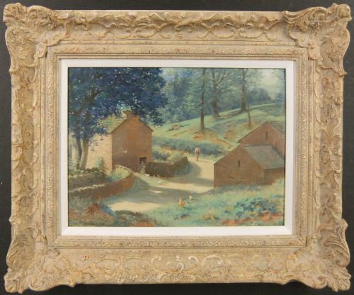 fig 1. An oil painting depicting a rural dirt track running past stone farm buildings with trees, chickens, and two human figures.