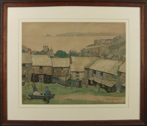 fig 1. A watercolour painting depicting stone cottages, figures, and a small boat overlooking the sea in St Ives.