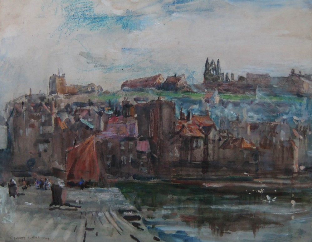 A 1924 watercolour painting depicting the harbour and rooftops of Whitby with Whitby Abbey situated on the cliff skyline.