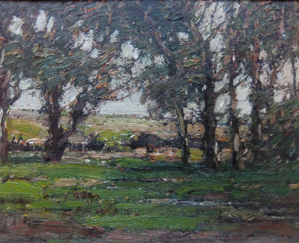 An oil painting on wooden panel depicting a copse of trees in a countryside landscape with visible impasto brushstrokes in muted green, brown, and grey tones.