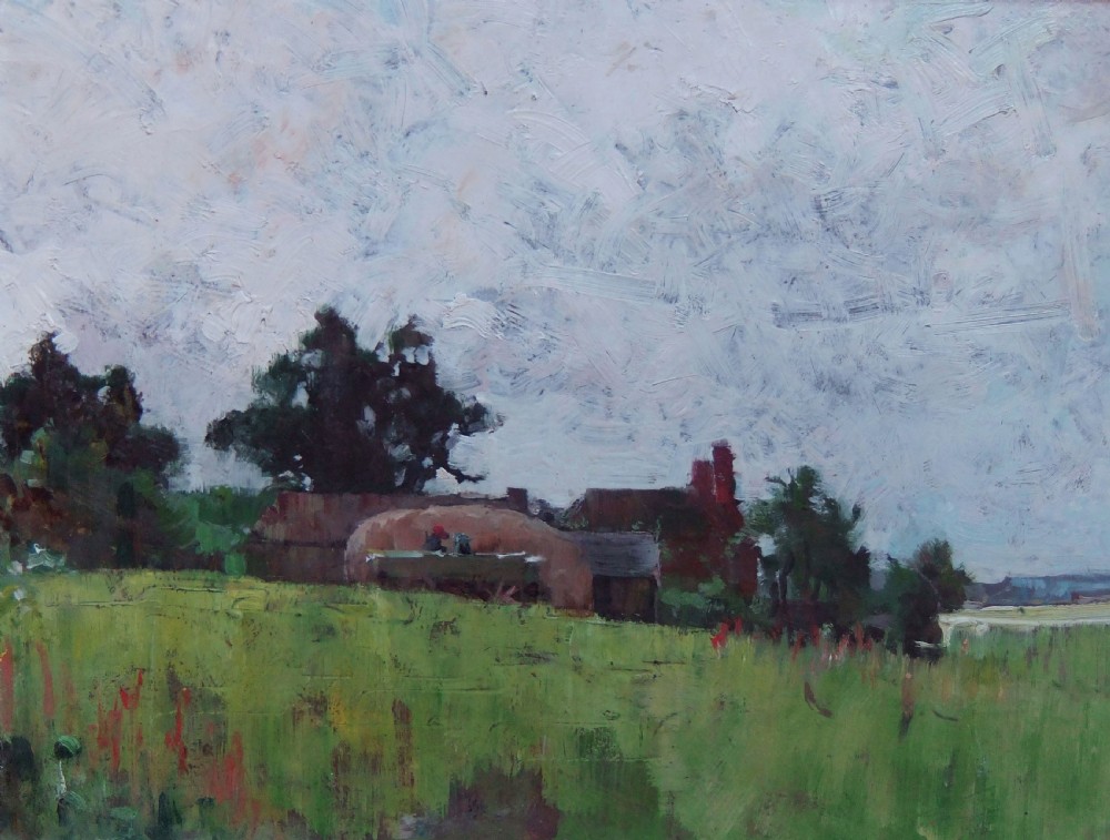An impressionistic oil painting depicting a North Yorkshire farmstead nestled among trees behind a field under an overcast grey sky.