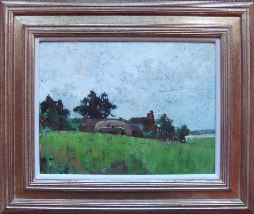 An impressionistic oil painting depicting a North Yorkshire farmstead nestled among trees behind a field under an overcast grey sky. View II