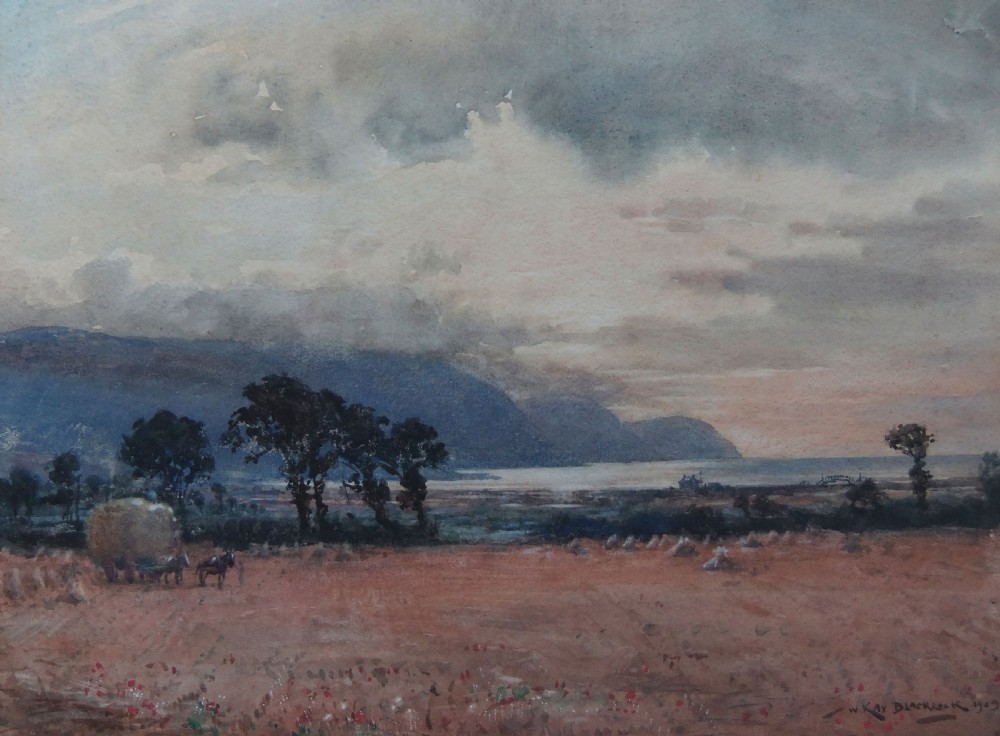 An antique watercolour painting depicting a hay harvest in an open field near a coastal bay under an overcast evening sky.