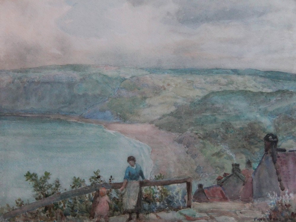 An antique watercolour painting depicting a high coastal vantage point overlooking Runswick Bay with figures beside a wooden fence.