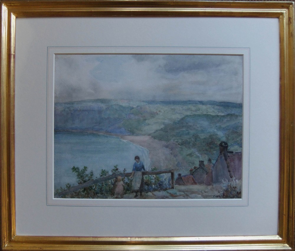 An antique watercolour painting depicting a high coastal vantage point overlooking Runswick Bay with figures beside a wooden fence. View II