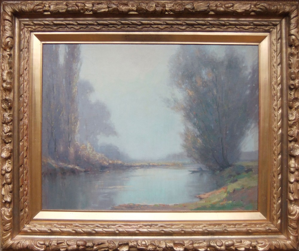 An impressionist oil painting on canvas depicting a calm river in autumn within an ornate carved giltwood frame.
