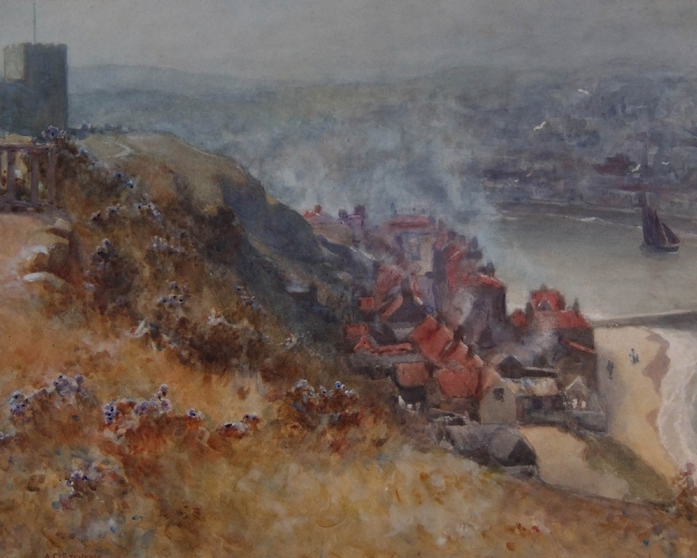 A watercolour painting depicting an elevated view over a coastal town harbour with rooftops, cliffs, and boats under a hazy sky.