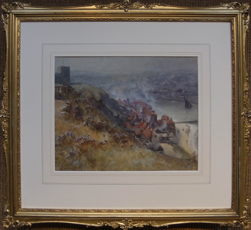 A watercolour painting depicting an elevated view over a coastal town harbour with rooftops, cliffs, and boats under a hazy sky. View II