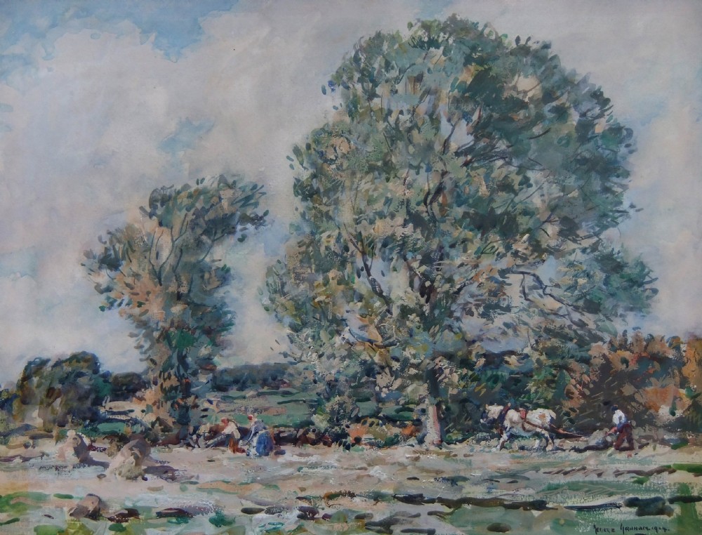 A 1920s watercolour painting depicting agricultural workers and horses in a field framed by large leafy trees under a cloudy sky.