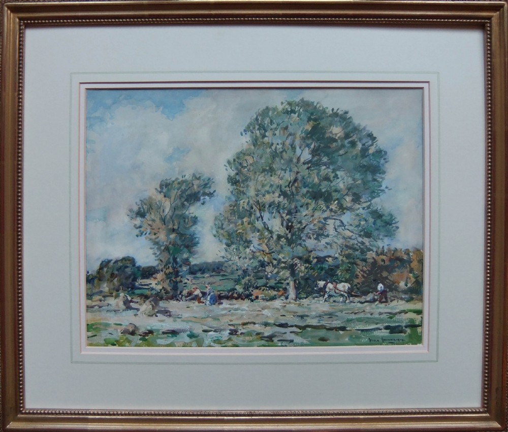 A 1920s watercolour painting depicting agricultural workers and horses in a field framed by large leafy trees under a cloudy sky. View II