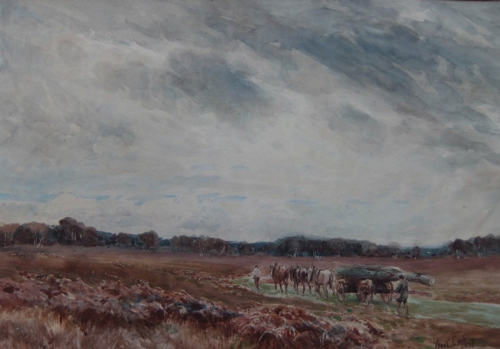 An antique watercolour landscape painting depicting a horse-drawn logging cart traversing an open heath under an expansive cloudy sky, signed by Frank Saltfleet.