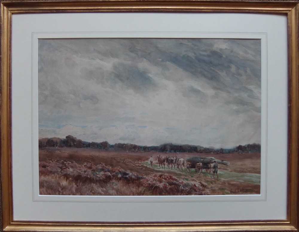 An antique watercolour landscape painting depicting a horse-drawn logging cart traversing an open heath under an expansive cloudy sky, signed by Frank Saltfleet. View II