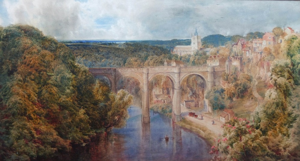 A 19th-century watercolour painting depicting the stone arches of the Knaresborough Viaduct spanning a river surrounded by foliage and buildings.