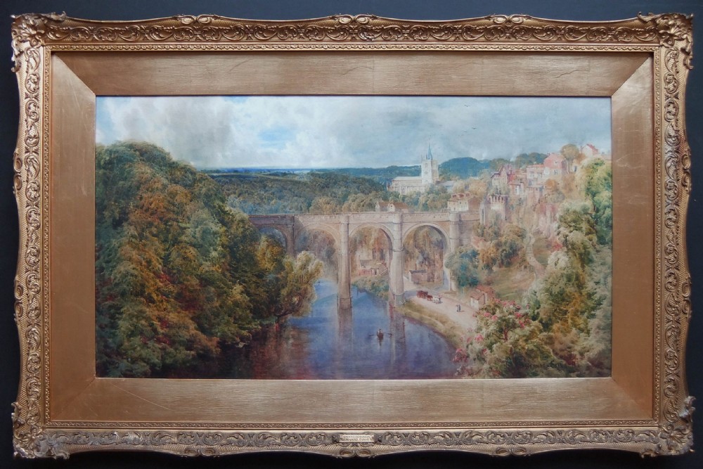 A 19th-century watercolour painting depicting the stone arches of the Knaresborough Viaduct spanning a river surrounded by foliage and buildings. View II