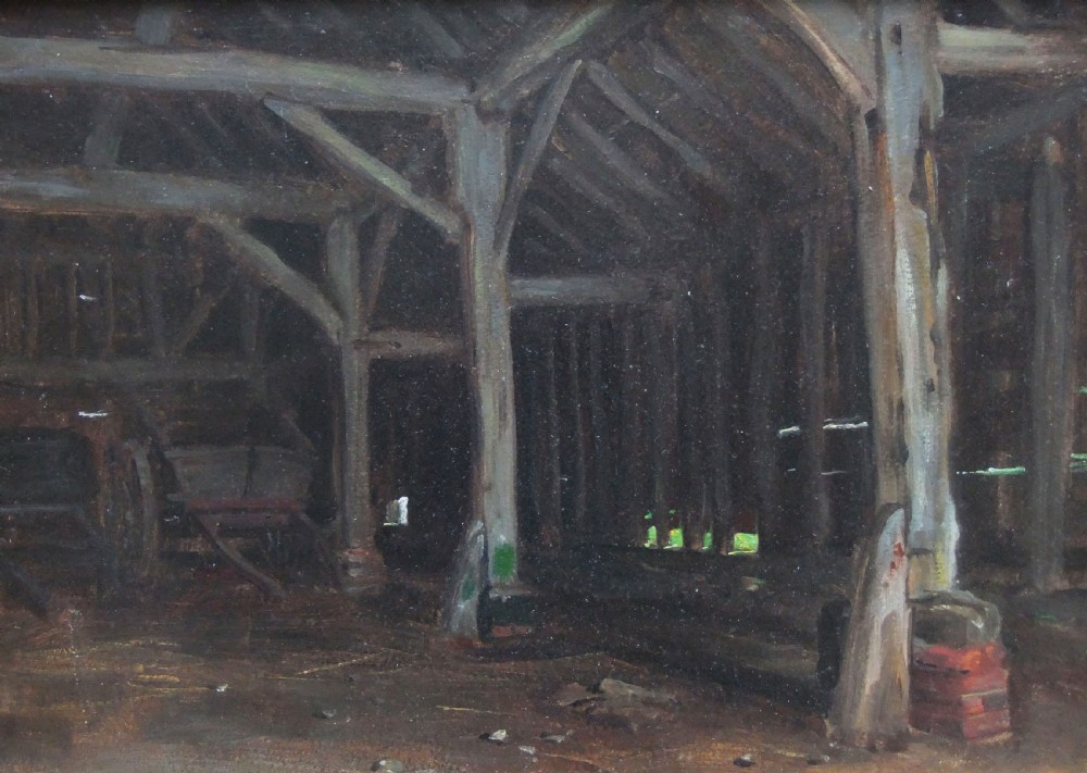An oil painting depicting the dark timber-framed interior of an agricultural cart shed with wooden beams and a cart.