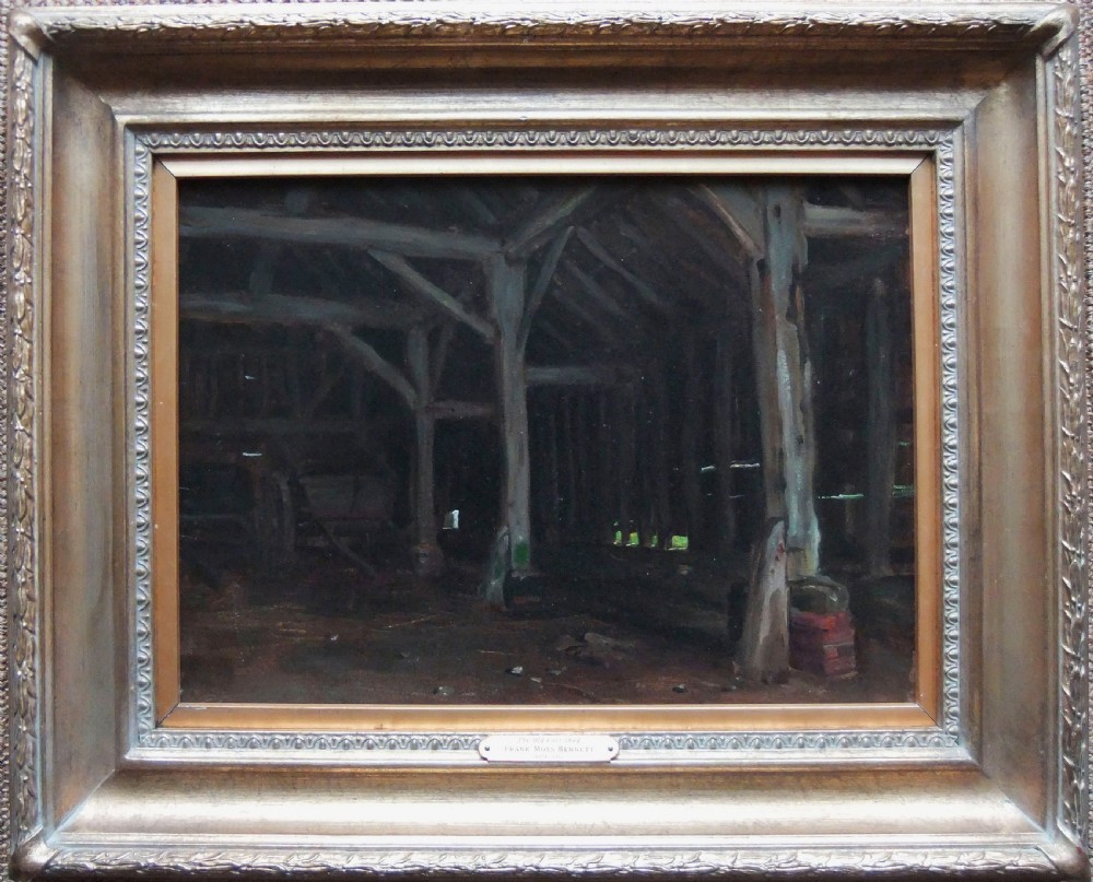 An oil painting depicting the dark timber-framed interior of an agricultural cart shed with wooden beams and a cart. View II