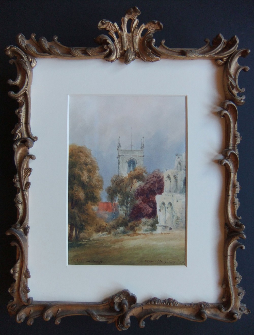 A watercolour painting depicting the stone ruins of St Marys Abbey in York alongside trees with autumn foliage under an overcast grey sky. View II