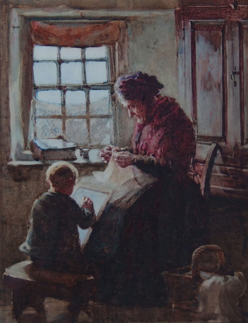 A watercolour painting depicting an elderly woman wearing a red shawl seated beside a young child near a cottage window.