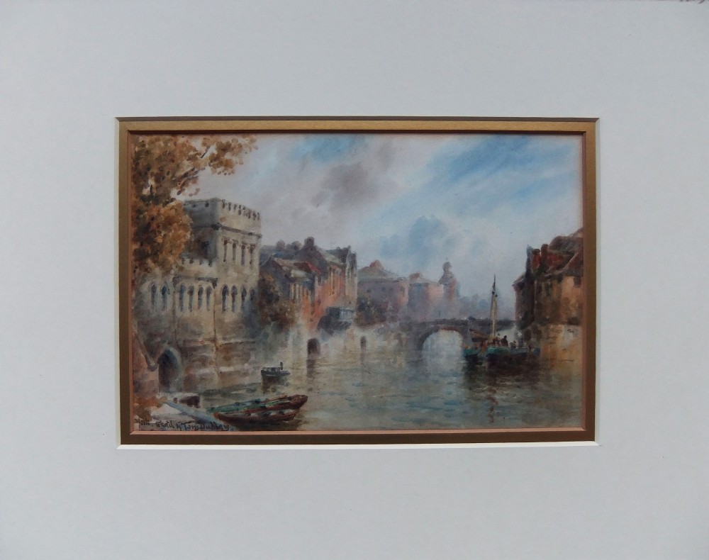 A Victorian watercolour painting depicting historical stone architecture alongside a river in York, signed by artist Tom Dudley. View II