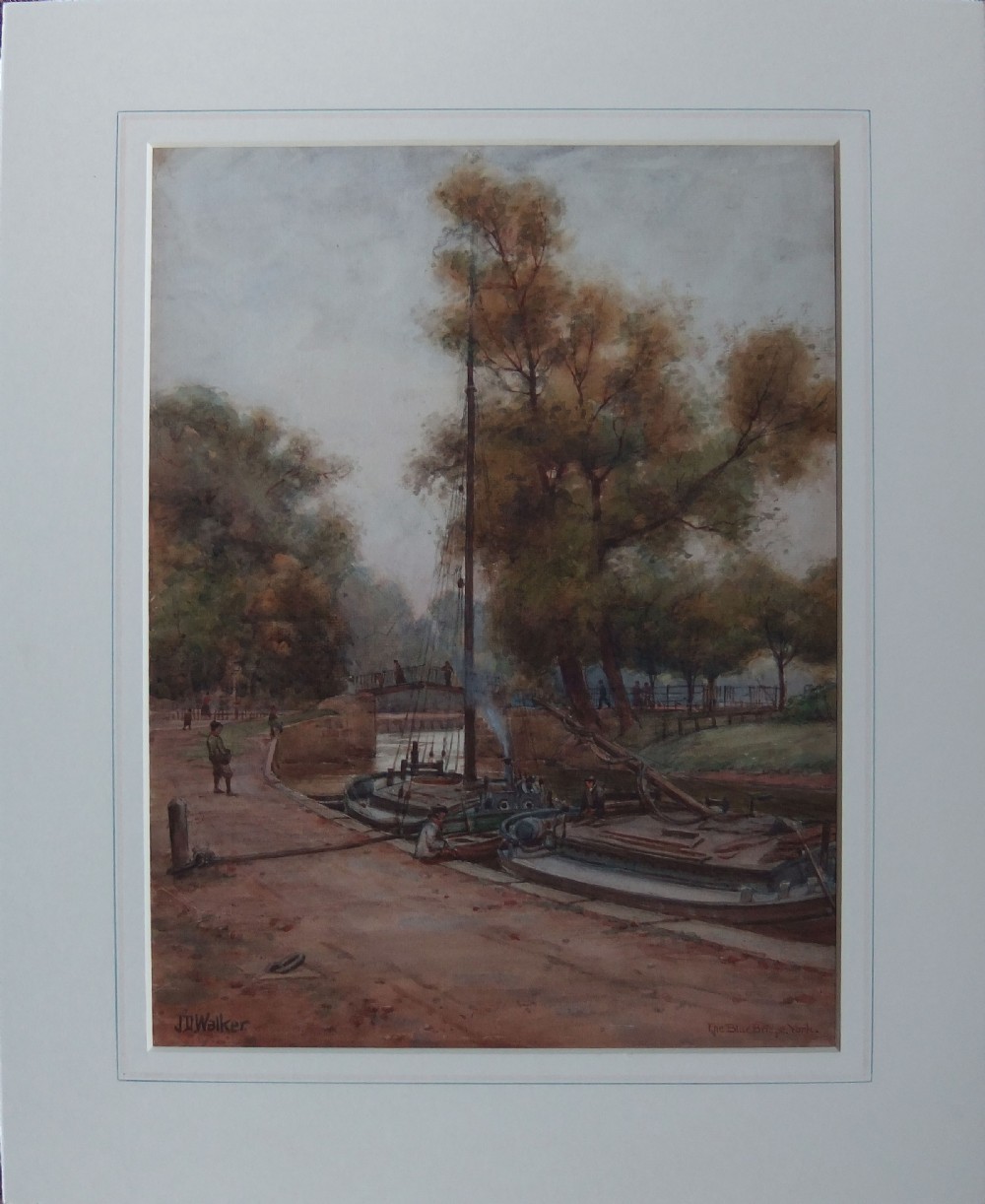 An antique watercolour painting depicting river barges moored alongside a bank near a small footbridge in York under a hazy sky. View II