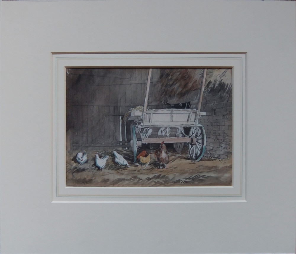 A framed watercolour painting depicting a farmyard cart inside a shed with chickens foraging in the foreground. View II