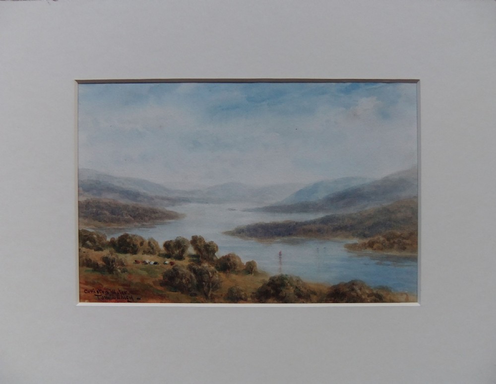 A watercolour painting depicting Coniston Water with misty hills, trees in the foreground, and a small sailboat on the lake. View II